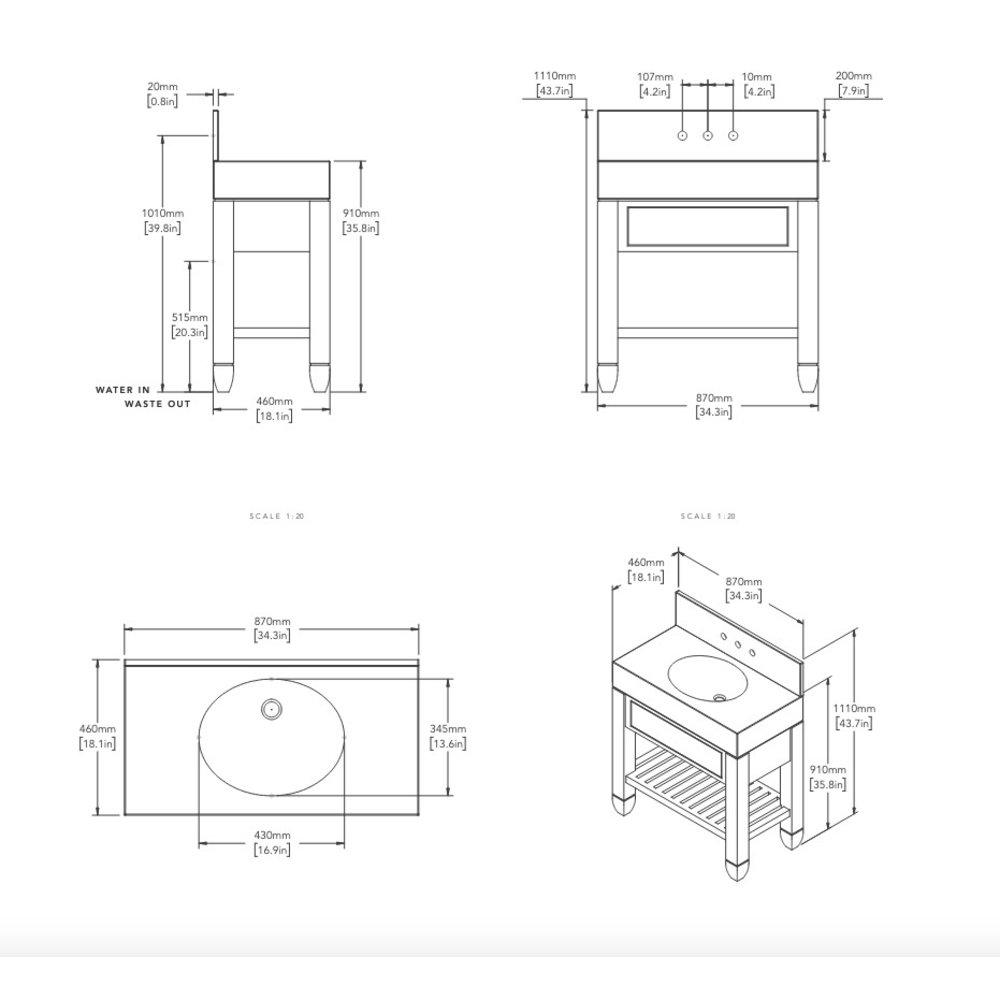 Porter Bathroom Cavendish Block Mid Moher VP129 - Massivholz-Waschtisch-Unterschrank mit Schubladen und Natursteinplatte inklusive Einbauwaschbecken