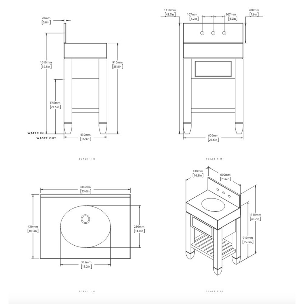 Porter Bathroom Cavendish Block Single Coole VP131 - Massivholz-Waschtisch-Unterschrank mit Schubladen und Natursteinplatte inklusive Einbauwaschbecken