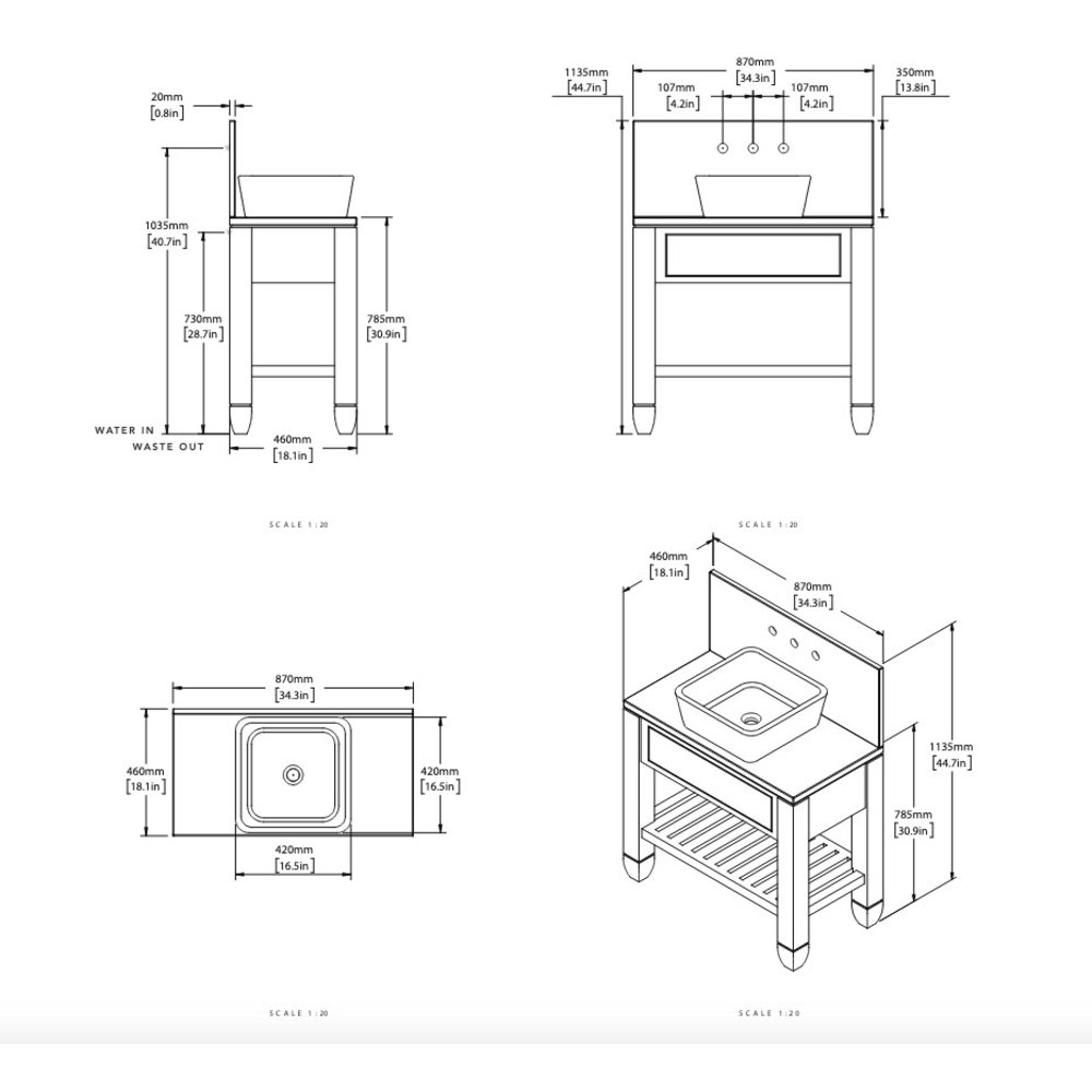 Porter Bathroom Cavendish Cavendish Mid V130 - Massivholz-Waschtisch-Unterschrank mit Schubladen und Natursteinplatte inklusive Aufsatzwaschbecken