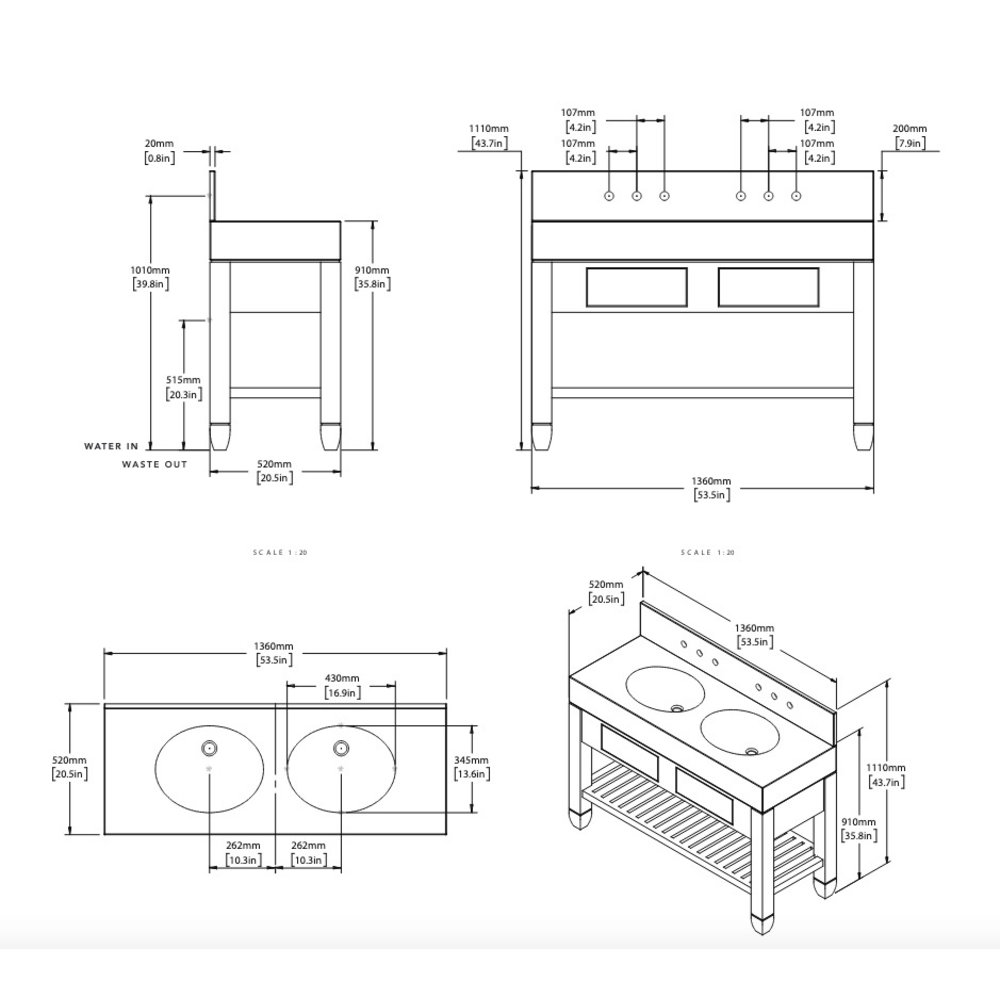 Porter Bathroom Cavendish Block Double  VW150 - Massivholz-Waschtisch-Unterbau mit Schubladen und Natursteinplatte inklusive Einbauwaschbecken