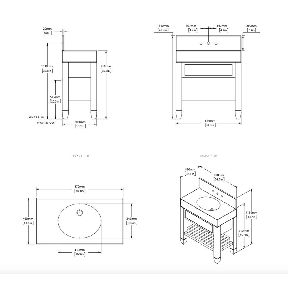 Porter Cavendish Cavendish Block  Mid VW152 - Massivholz-Waschtisch-Unterbau mit Schublade und Natursteinplatte inklusive Einbauwaschbecken