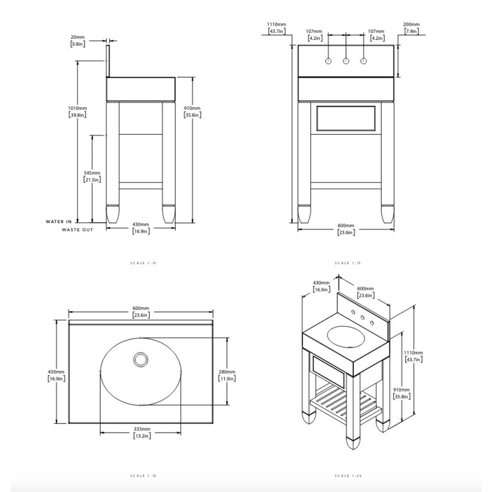 Porter Cavendish Cavendish Block Single VW154  - wooden wash basin stand with drawer, natural stone top and underbuilt basin