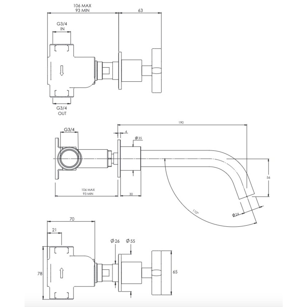 Coalbrook ZURICH Zurich 3-hole wall bath filler, 190mm spout ZU2005