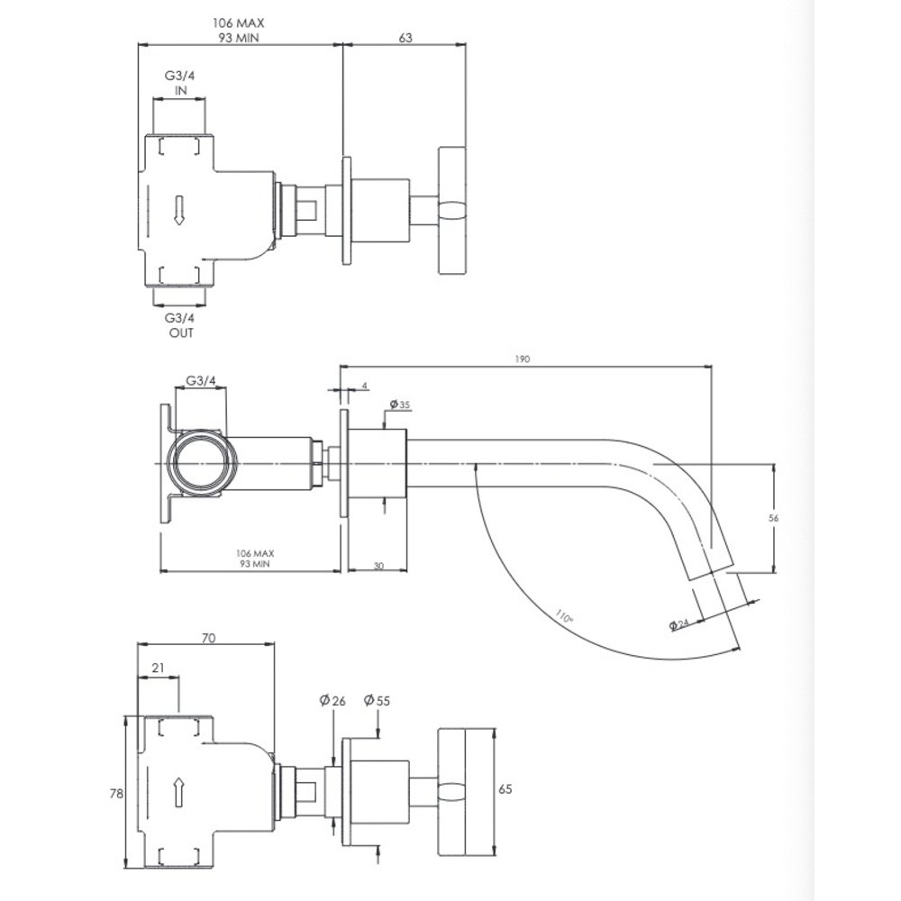 Coalbrook BANK Bank 3-gats wand-badkraan, uitloop 190mm BA2005