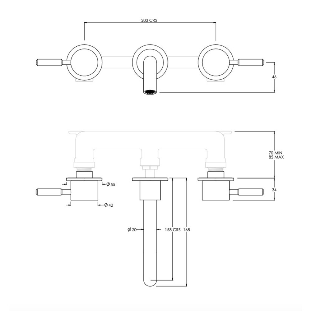 Coalbrook DOMO Domo 3-gats wand-wastafelkraan, uitloop 165mm DO1018