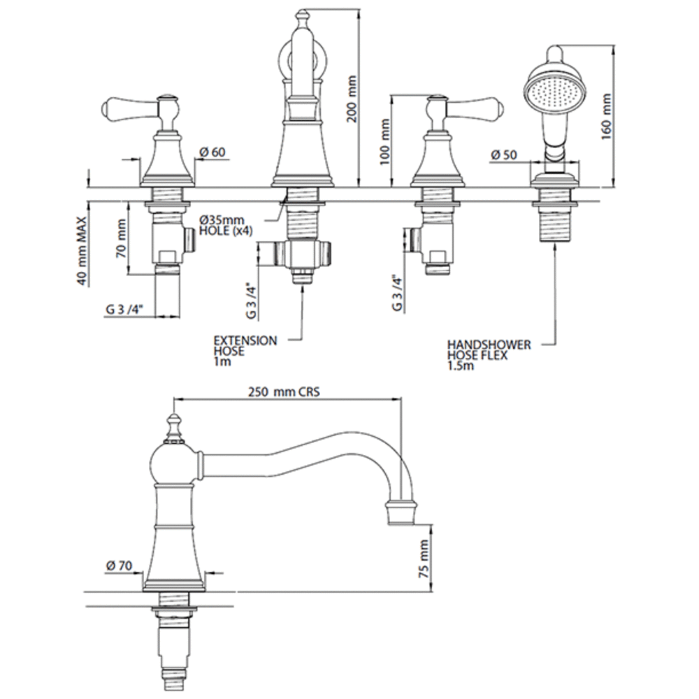 Perrin & Rowe Georgian Georgian deck mounted bath set with hand shower - levers E.3747