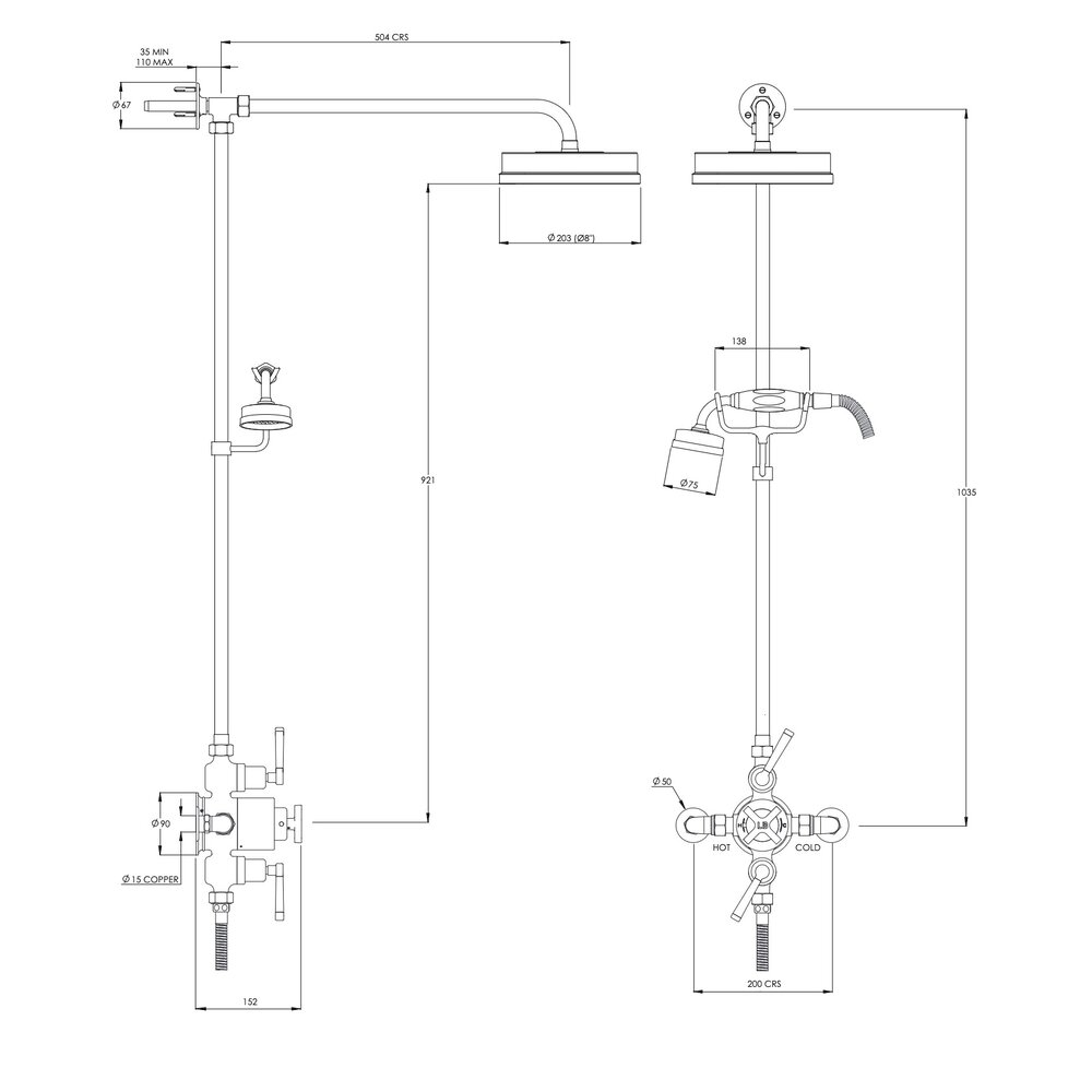 Lefroy Brooks 1930 Mackintosh Black LB1930 TMackintosh exposed shower set with 8"  rose and hand shower MBE-8742