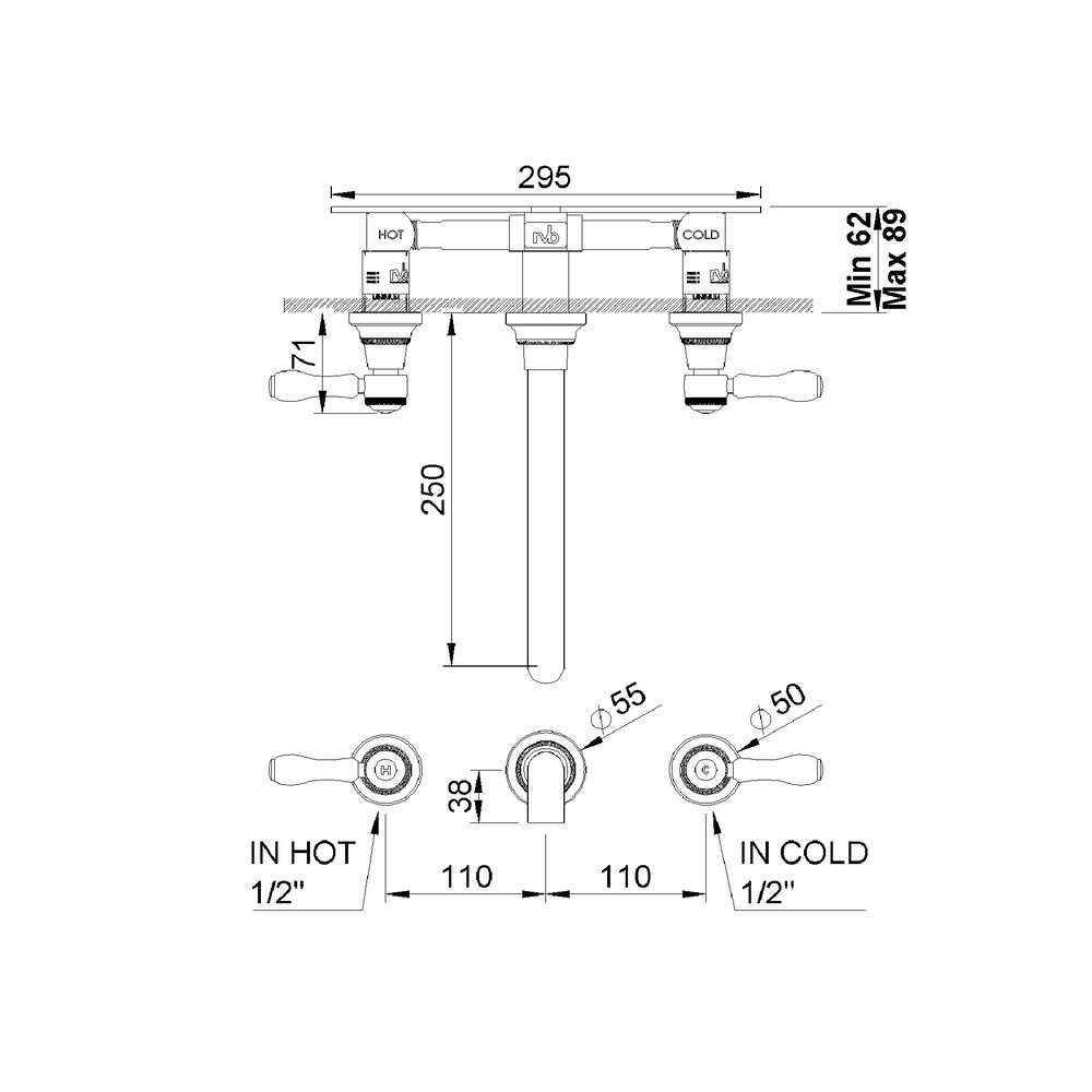 rvb 1935 1935 3-hole wall bath mixer, spout 250mm (trim only)