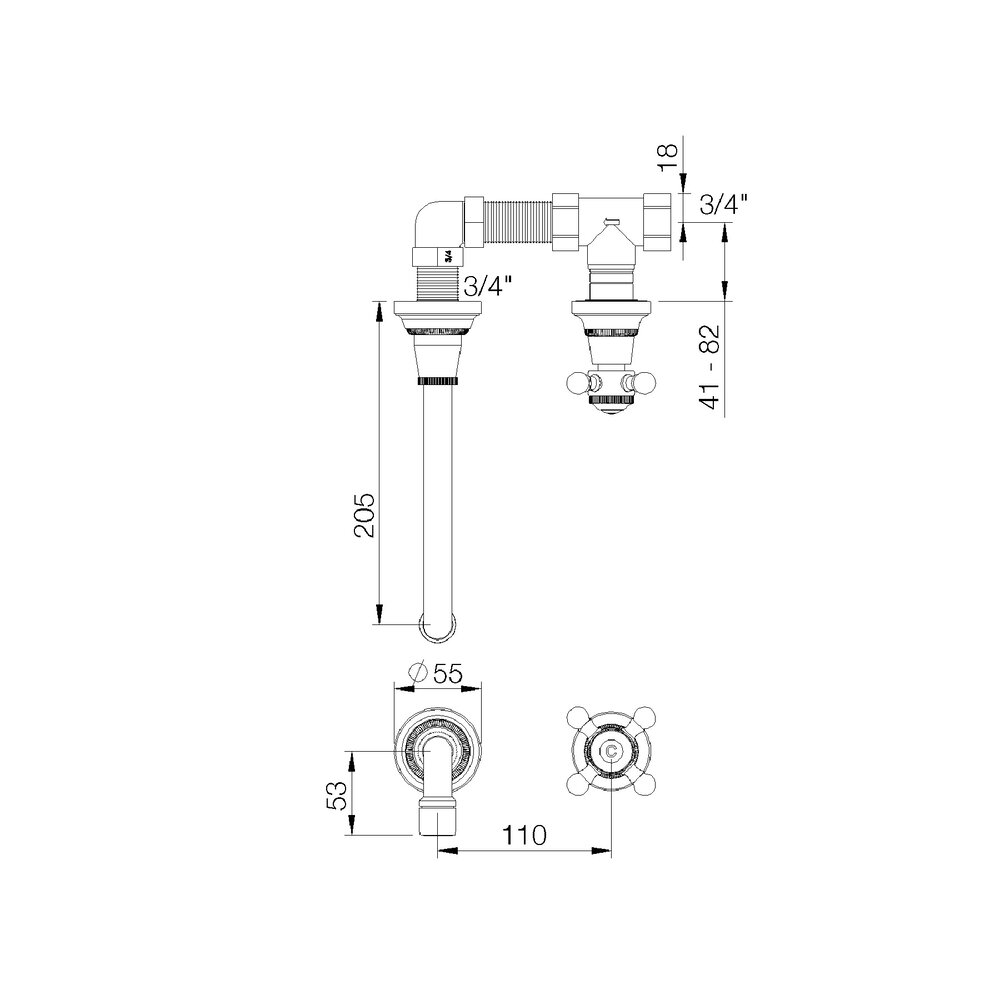 rvb 1921 1921 2-hole wall cloakroom basin tap, spout 200mm (trim only)