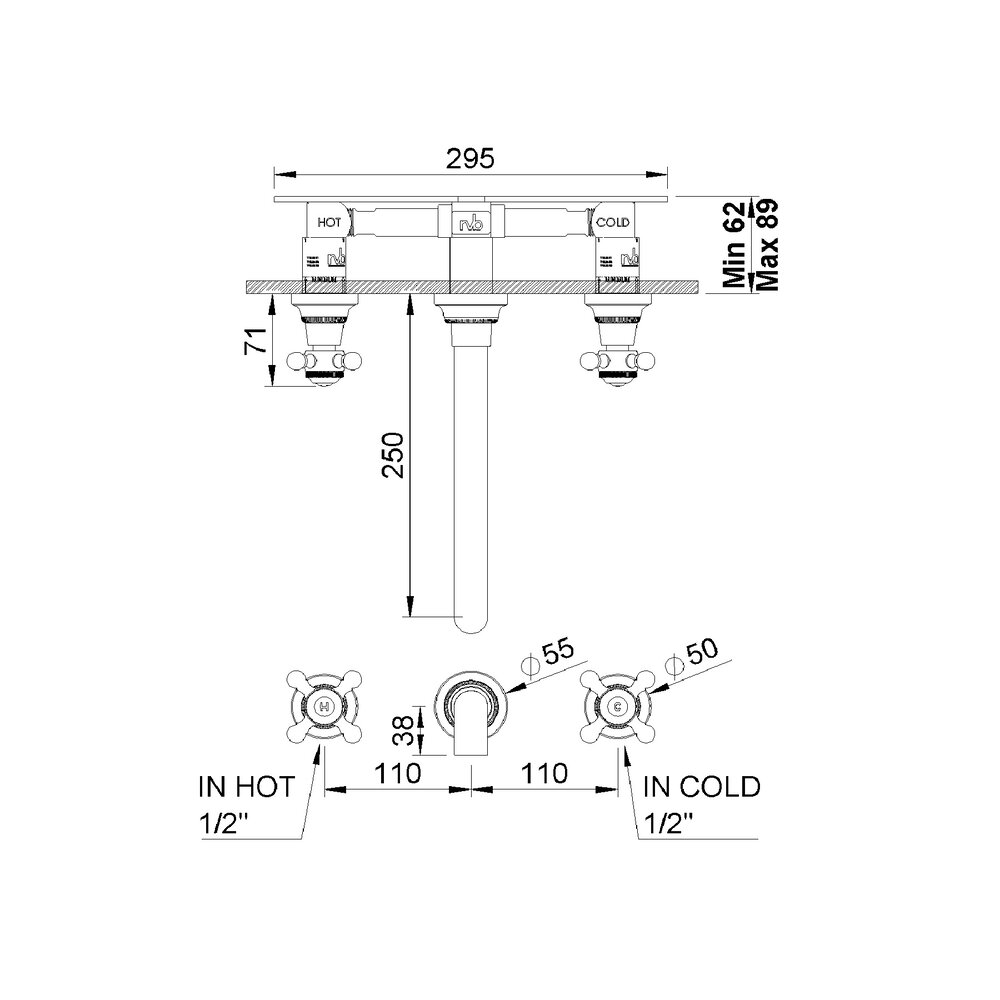 rvb 1921 1921 concealed part for 3-hole bath mixer 1920.00.71.INT