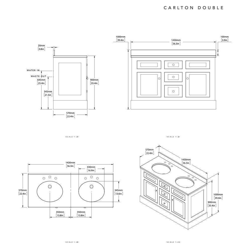 Porter Bathroom Carlton Double Moher VP108 - Massivholz-Badmöbel mit Türen und Natursteinplatte inklusive Einbauwaschbecken
