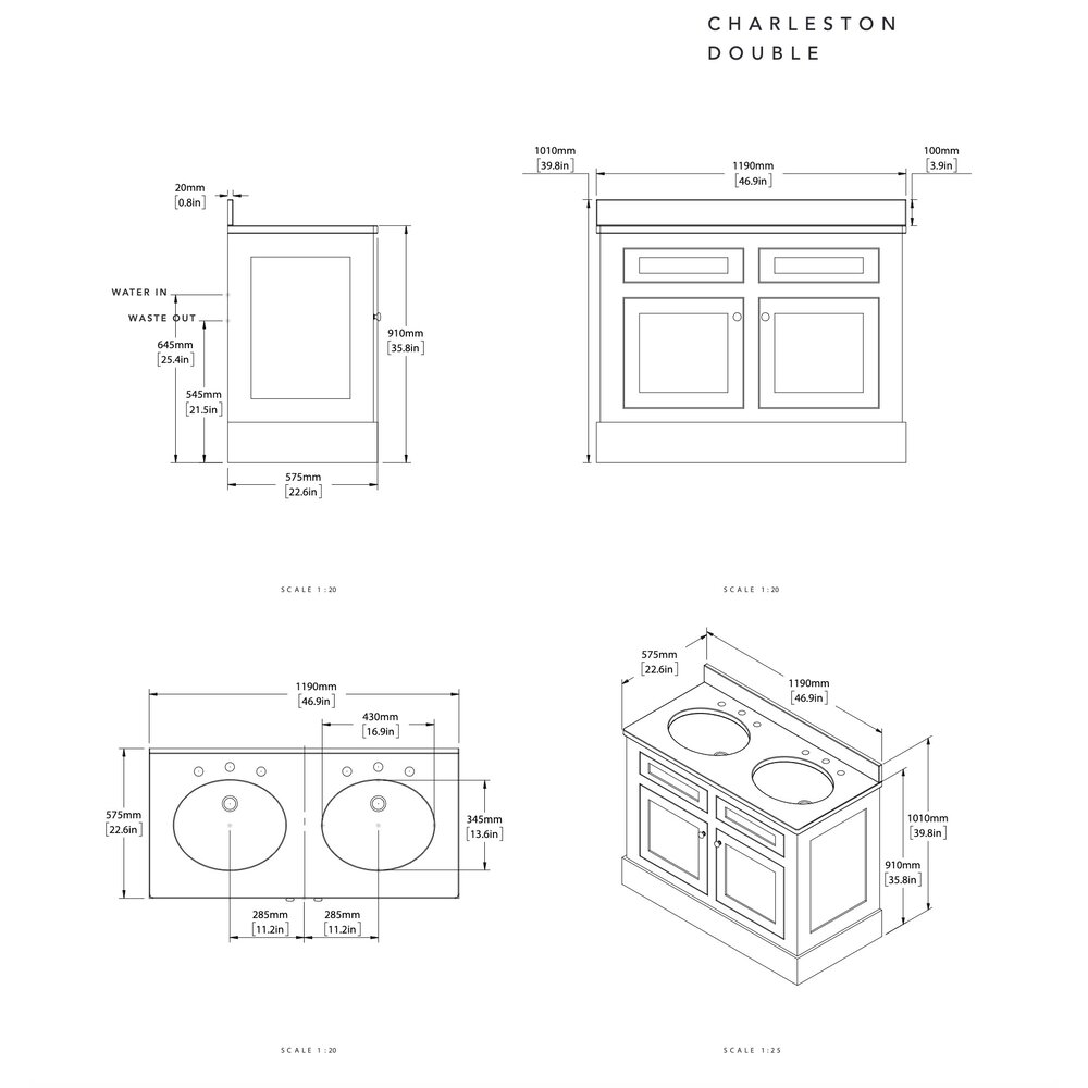 Porter Bathroom Charleston Double Coole VP109  - wooden wash basin stand with doors, natural stone top and underbuilt basins