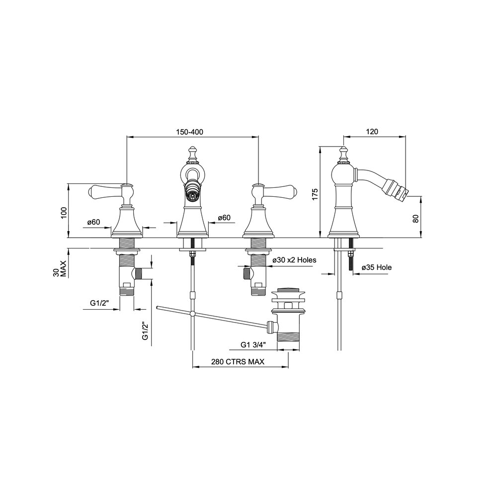 Perrin & Rowe Georgian 3-hole bidet mixer with lever handles E.3767