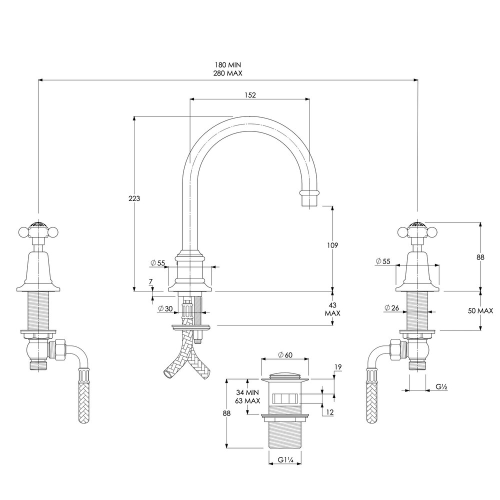 Lefroy Brooks 1900 Classic LB1900 Classic tubular 3-hole basin mixer with crosshead handles CH-1230