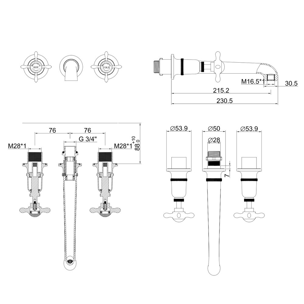 BB Guild Guild 3-hole basin mixer with crosshead  - wall mounted