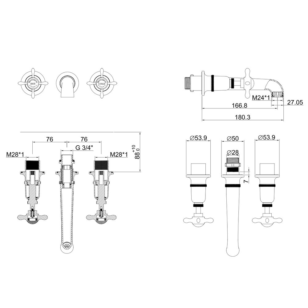 BB Guild Guild 3-hole bath mixer with crosshead  - wall mounted