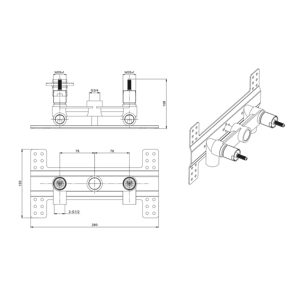 BB Guild Guild 3-hole bath mixer with crosshead  - wall mounted