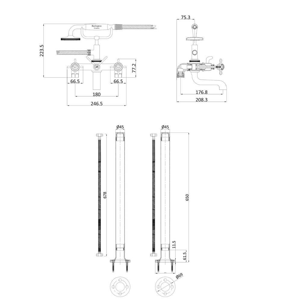 BB Guild Guild vrijstaande badmengkraan met handdouche, kruisgrepen GU422F+