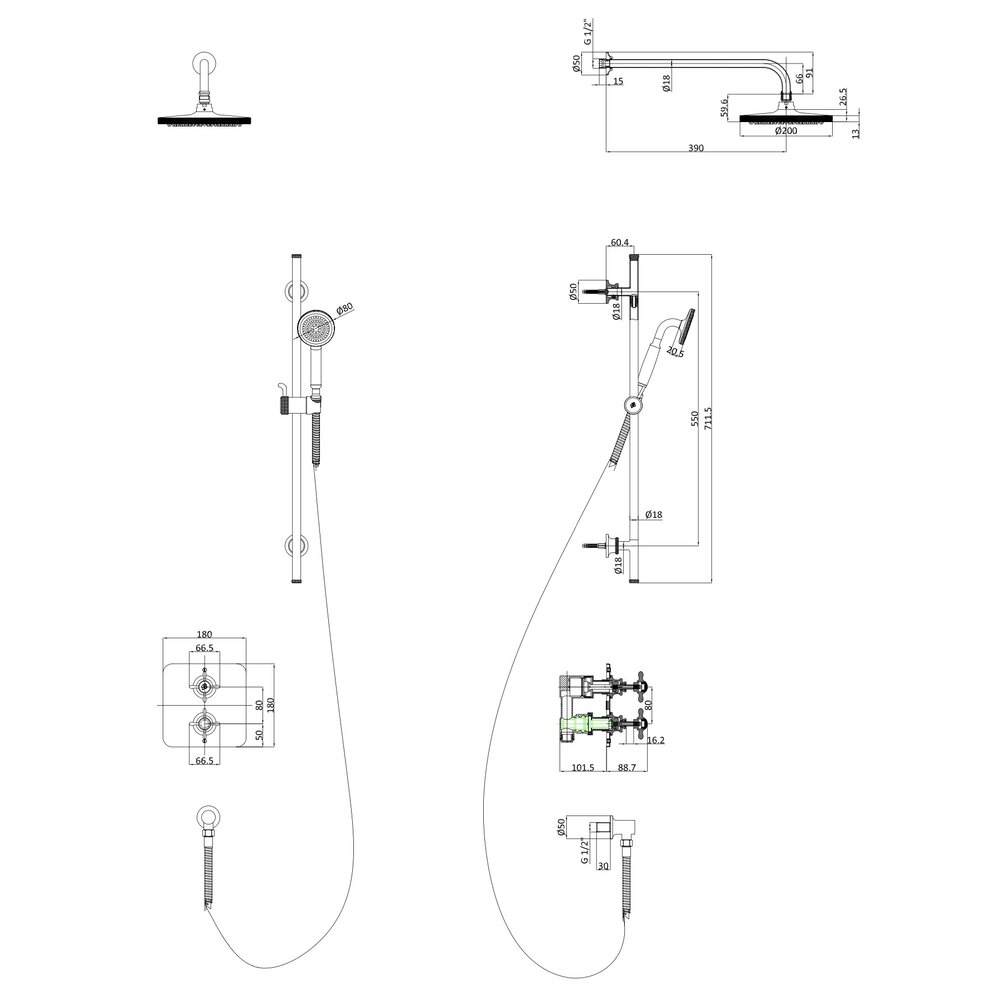 BB Guild Duschset Guild mit Unterputz-Thermostat, Kopfbrause und Handdusche (Wandstange)