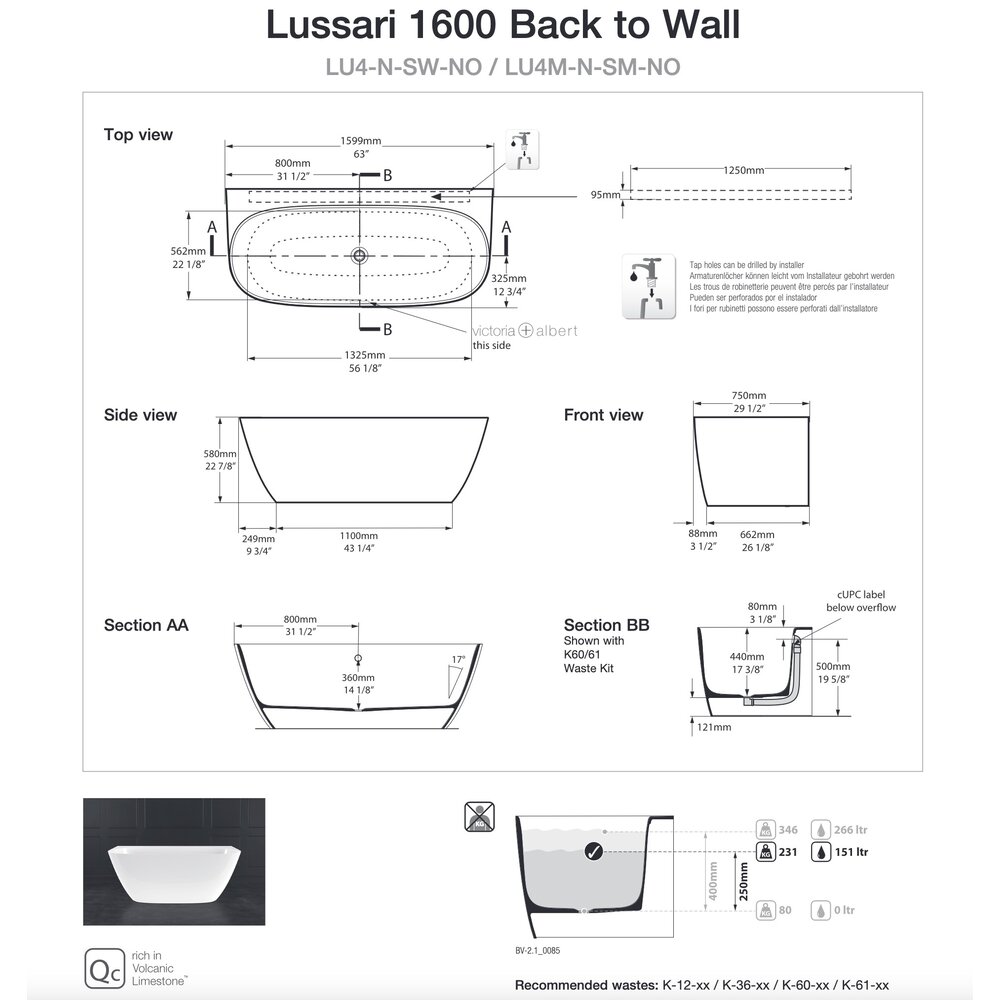 Victoria + Albert V+A  Lussari Back-to-Wall bath