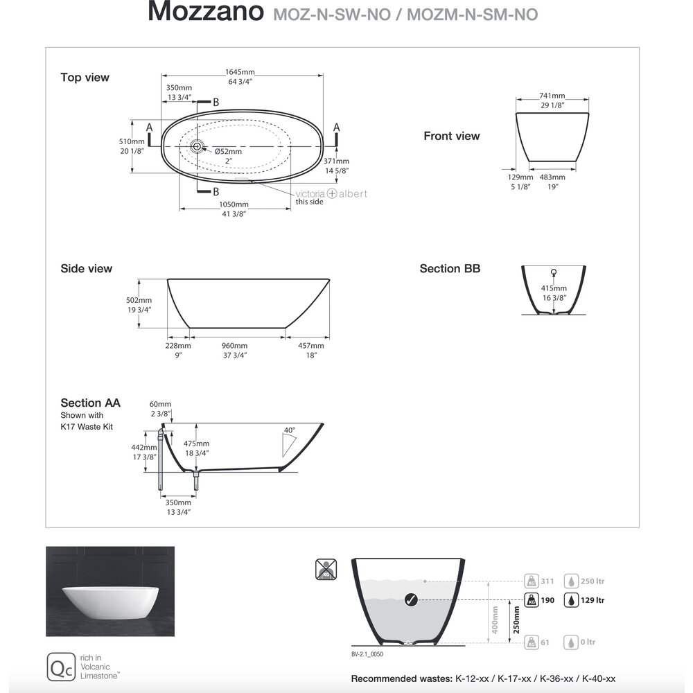 Victoria + Albert V+A vrijstaand bad Mozzano 1645 / 1685