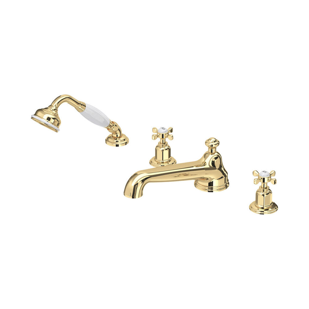 Perrin & Rowe Victorian White 4-hole bath set with handshower - crosshead E.3738