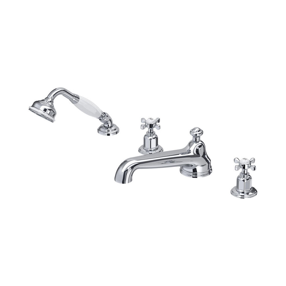 Perrin & Rowe Victorian White 4-hole bath set with handshower - crosshead E.3738