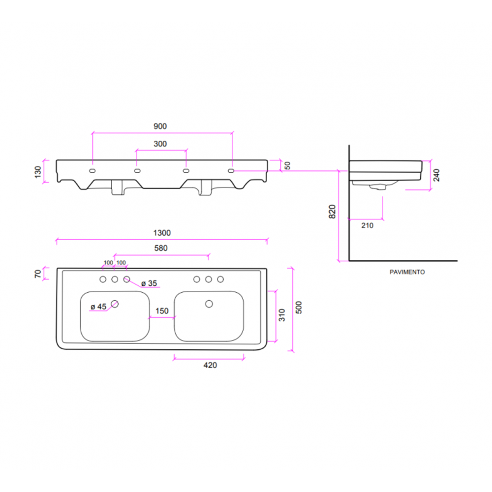 Bleu Provence SOHO Dubbele wastafel Soho 130cm met porseleinen poten BP9130-BP9139