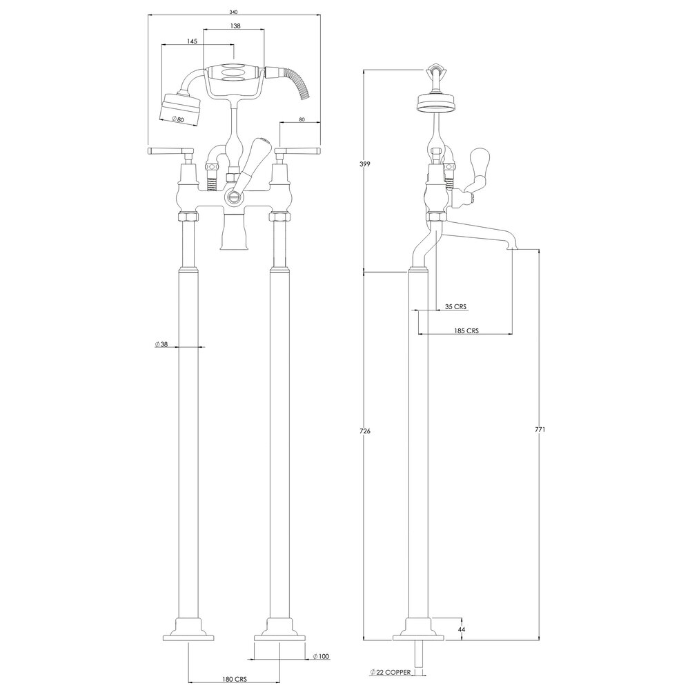 Lefroy Brooks 1930 Mackintosh Black LB1930 Mackintosh Freistehende Badewannenarmatur mit Handbrause und Standrohren MB-1144