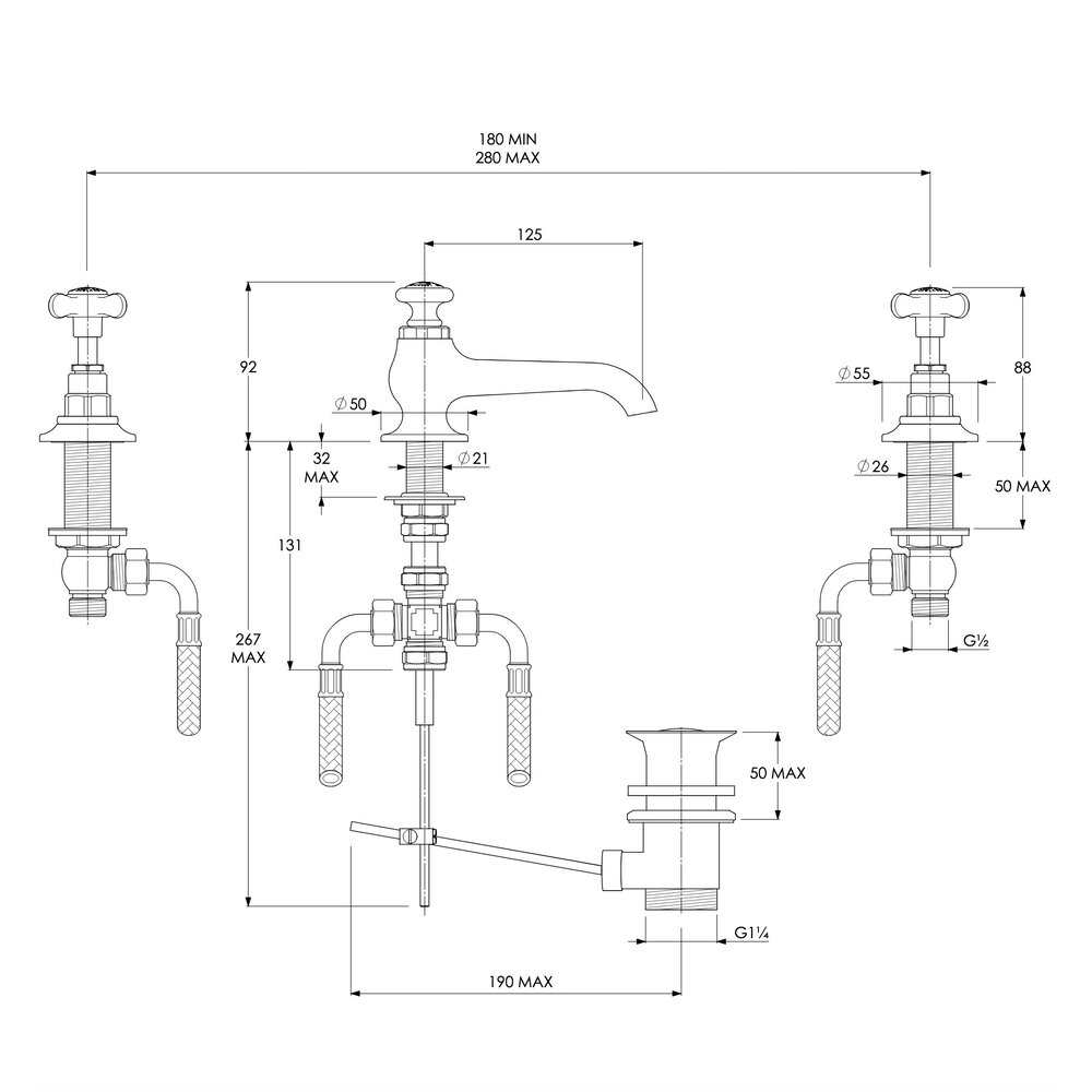 Lefroy Brooks 1900 Classic LB1900 Connaught 3-gats wastafelkraan met kruisgrepen LB-1224
