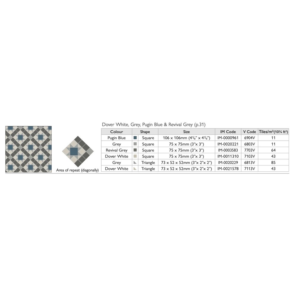 OS VFT Patterns OS Victorian Floor Blenheim (Dover White, Grey, Pugin Blue & Revival Grey)