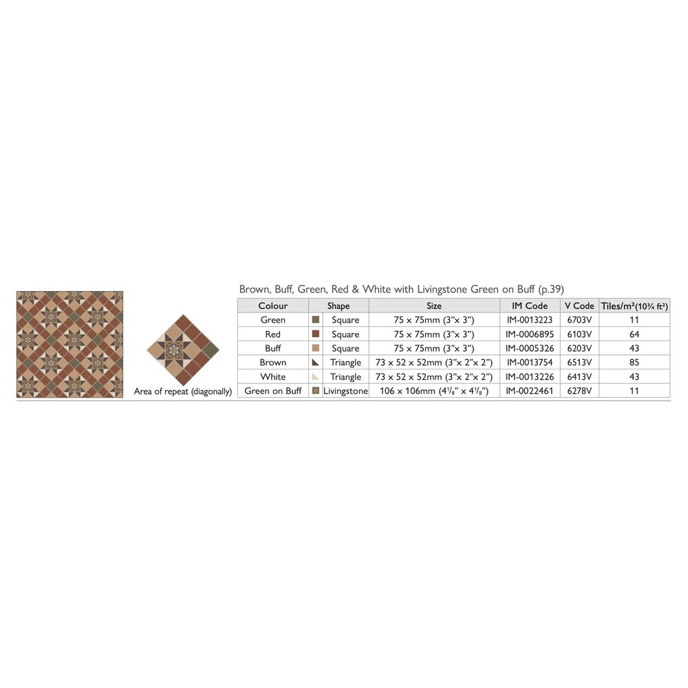 OS VFT Patterns OS Victorian Floor  Blenheim (Brown, Buff, Green, Red, White & Livingstone Green on Buff)