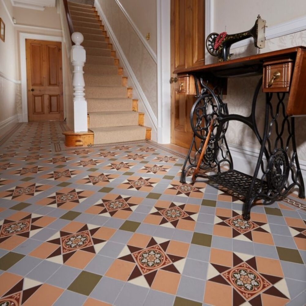 OS VFT Patterns OS Victorian Floor Blenheim (Brown, Buff, Green, Grey, White & Livingstone Green on Buff)