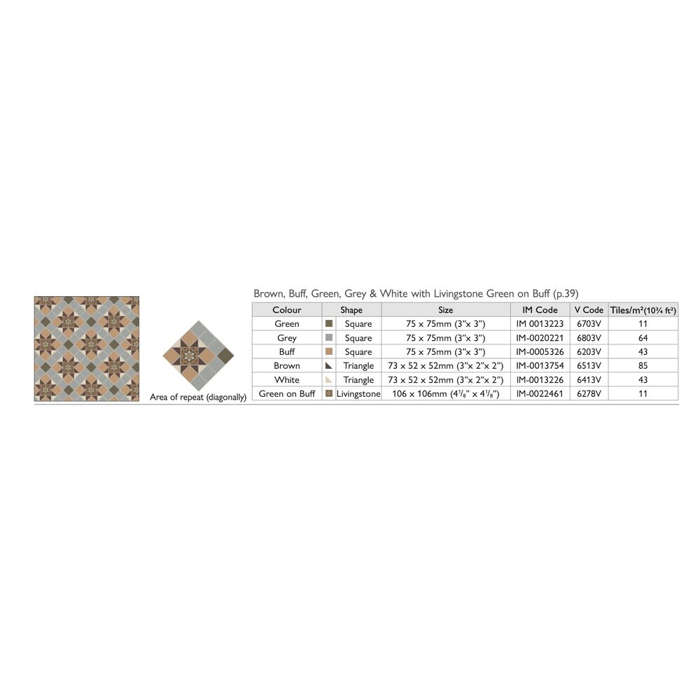 OS VFT Patterns OS Victorian Floor Blenheim (Brown, Buff, Green, Grey, White & Livingstone Green on Buff)
