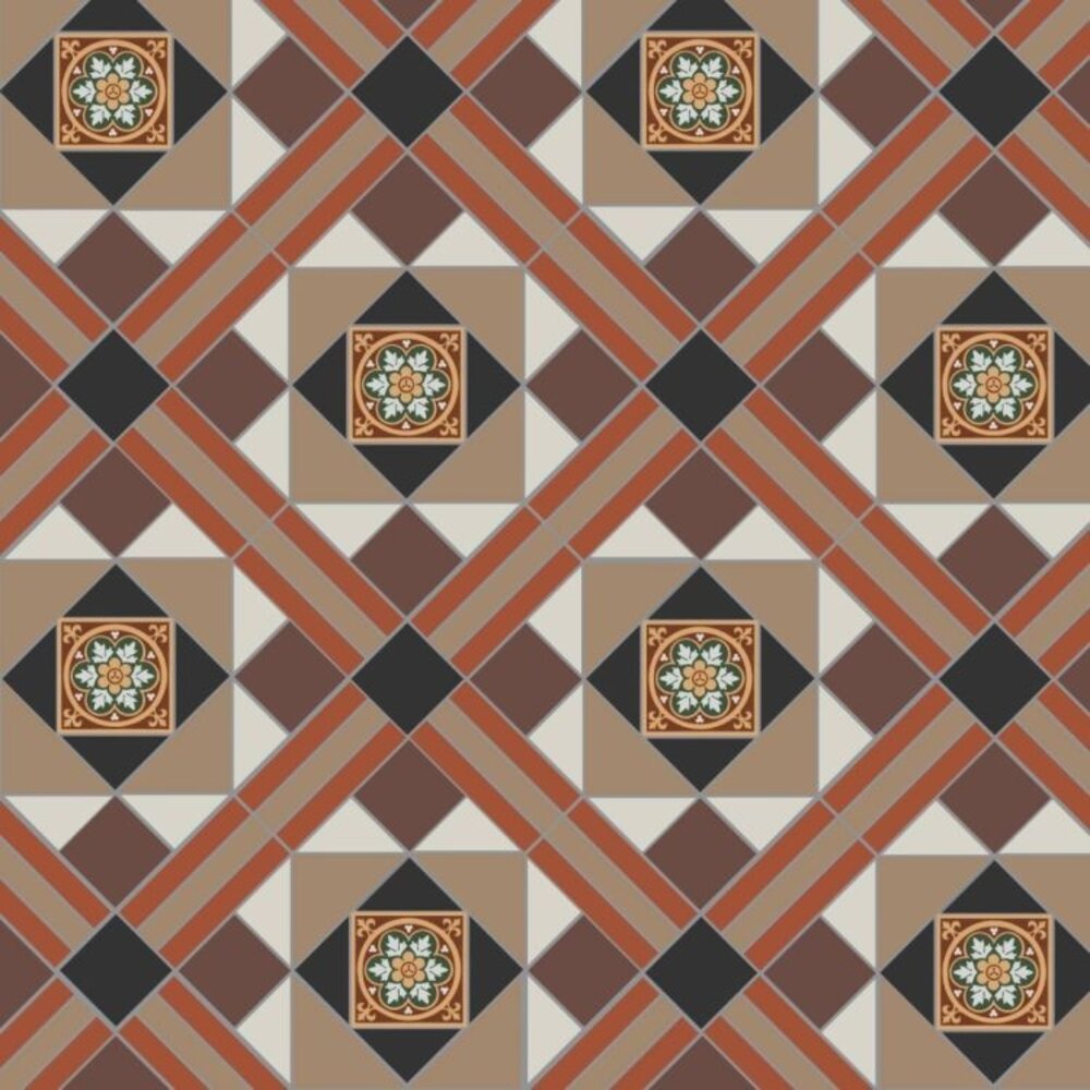 OS VFT Patterns OS Victorian Floor  Lindisfarne (Black, Brown, Red, Regency Bath, White & Livingstone Green on Buff)