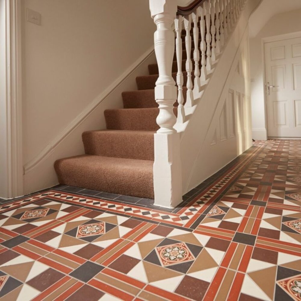 OS VFT Patterns OS Victorian Floor  Lindisfarne (Black, Brown, Red, Regency Bath, White & Livingstone Green on Buff)