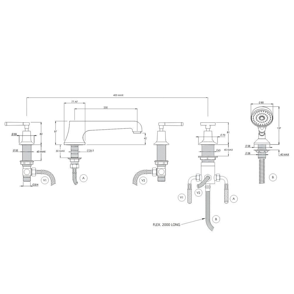 LB1930 Mackintosh 5-Loch Badewannenarmatur-Set mit Handdusche und Hebelgriff MB-1260 Lefroy Brooks 1930 Mackintosh Black LB1930 Mackintosh 5-Loch Badewannenarmatur-Set mit Handdusche und Hebelgriff MB-1260