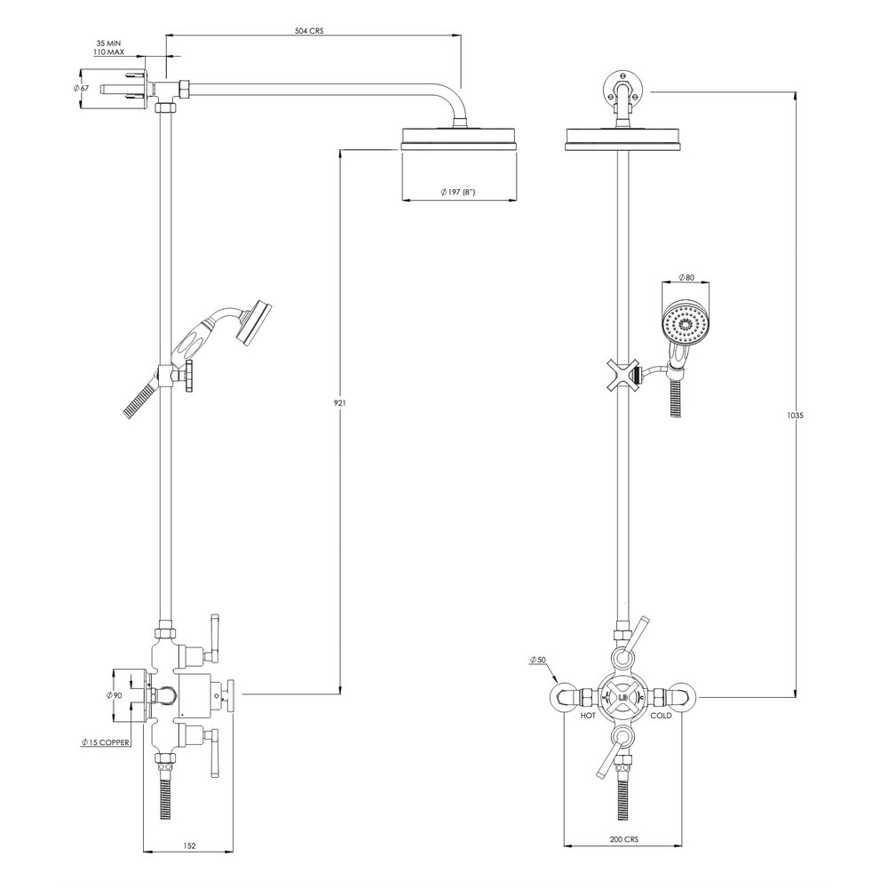 Lefroy Brooks 1930 Mackintosh Black LB1930 TMackintosh exposed shower set with 8"  rose and hand shower MBE-8754