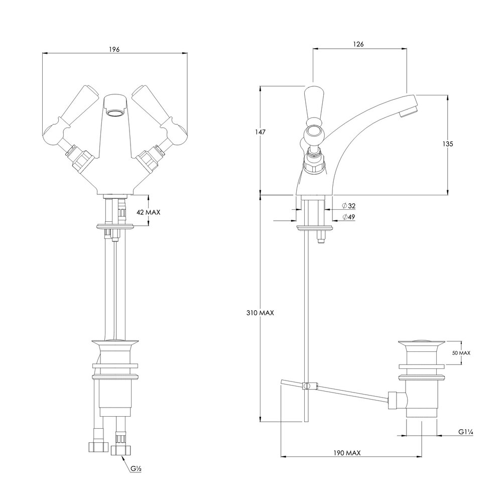 Lefroy Brooks 1900 Classic LB1900 Classic 1-gats wastafelkraan met hendels WL-1185