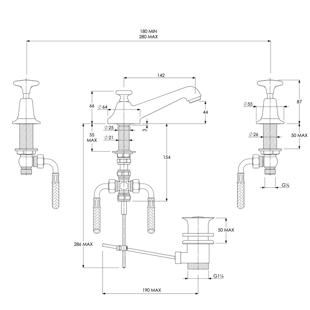 Lefroy Brooks 1900 Classic LB1900 Classic 3-hole basin mixer with crosshead handles LS1220