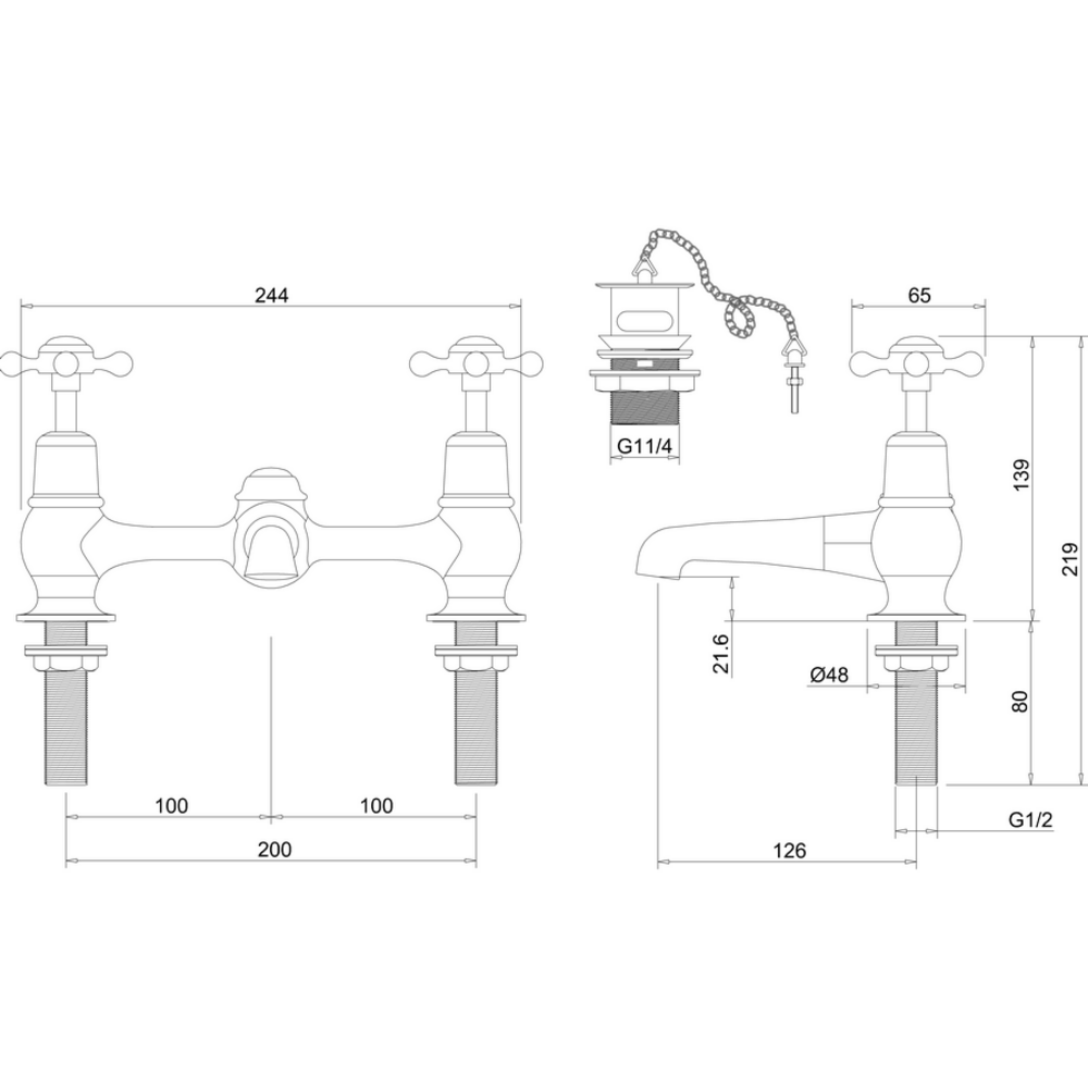 Claremont 2-Loch Brücken-Waschtischarmatur mit Ablaufgarnitur CL10 BB Edwardian Claremont 2-Loch Brücken-Waschtischarmatur mit Ablaufgarnitur CL10