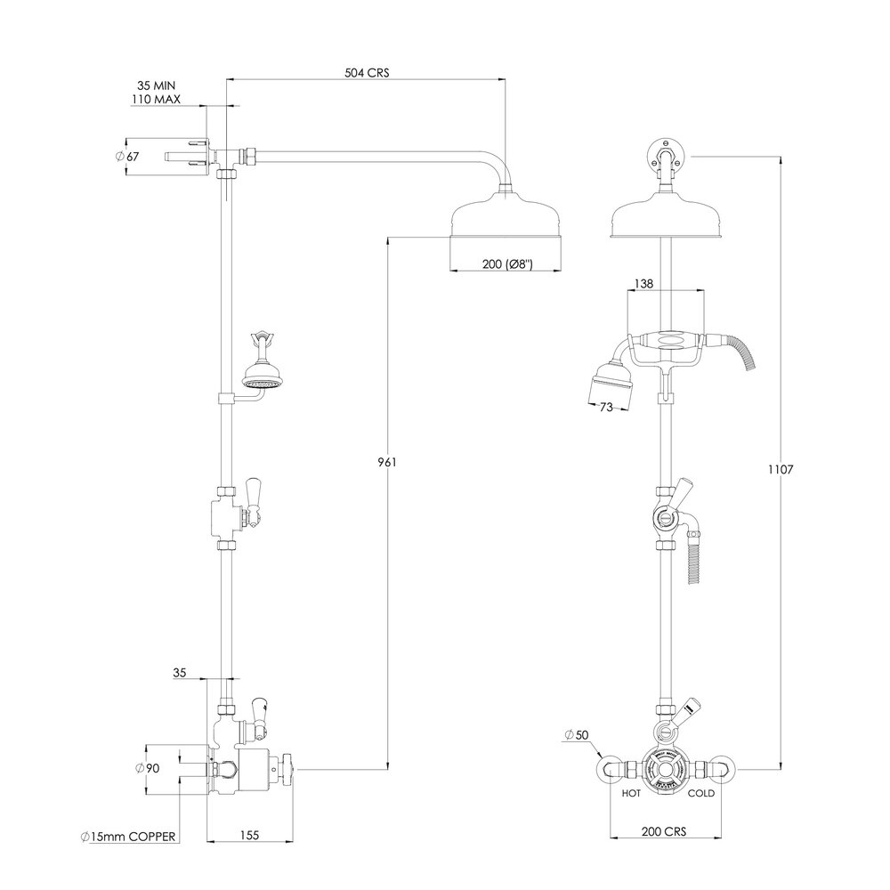 Lefroy Brooks 1900 Classic LB1900 Classic Godolphin Aufputz Duschset mit 8" Duschkopf und Handdusche GDE-8704