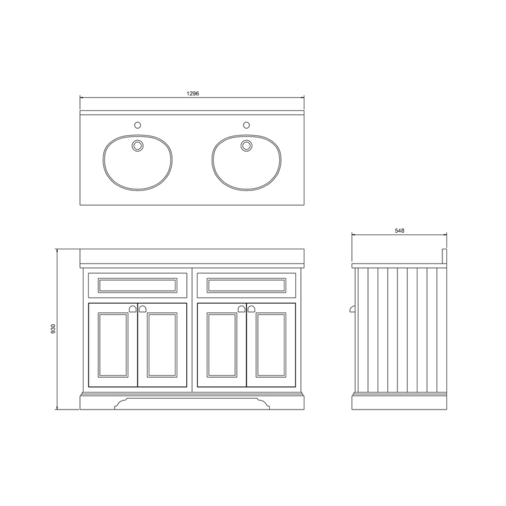 BB Edwardian ex showroom: 130 Waschtischschrank mit Minerva-Platte weiss und 2 Waschbecken FC9-BW12  mit Spiegel