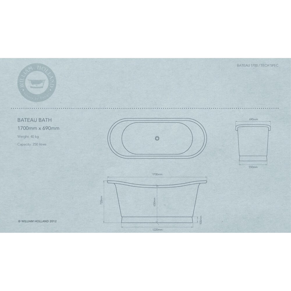 William Holland Freistehende Badewanne aus Kupfer Bateau, Ausführung nickel/white enamel