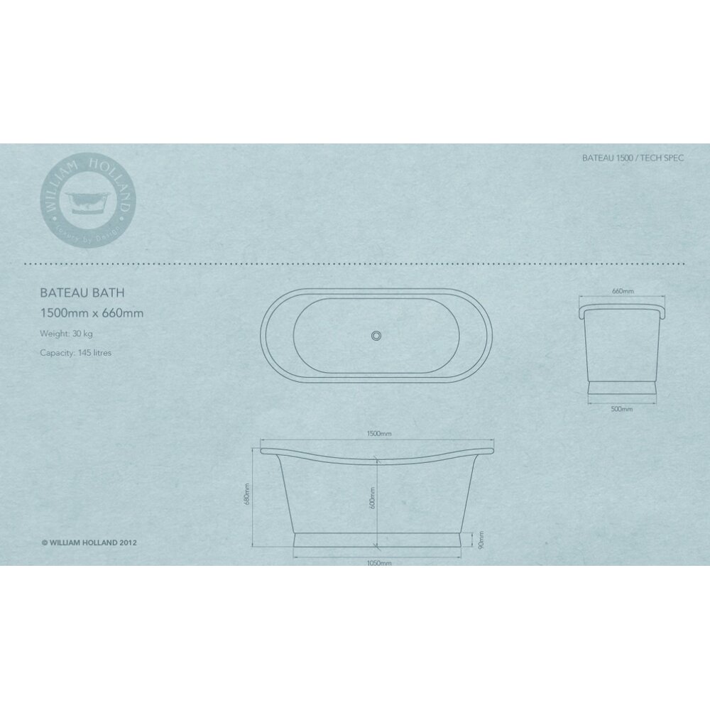 William Holland Freistehende Badewanne aus Kupfer Bateau, Ausführung nickel/white enamel
