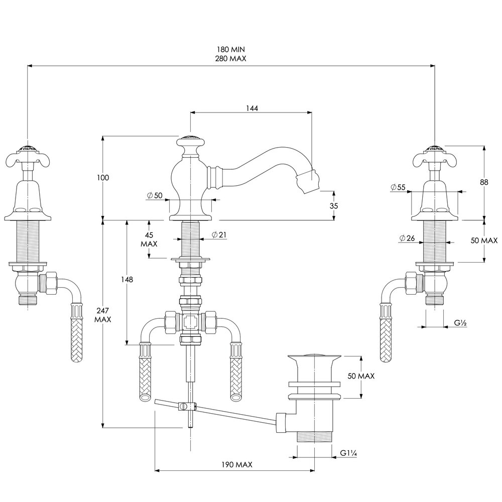 Lefroy Brooks 1910 La Chapelle LB1910 La Chapelle 3-hole basin mixer with crossheads FH1204