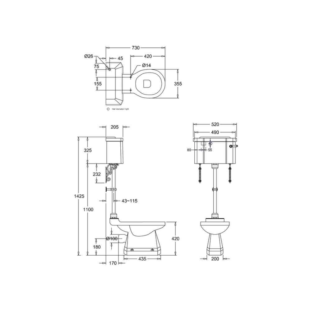BB Edwardian Bespoke Medium level toilet with porcelain cistern - p-trap - Medici
