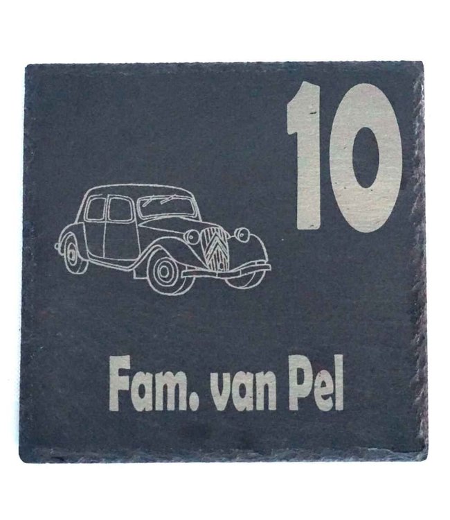 Stone house number sign with vintage Traction Avant