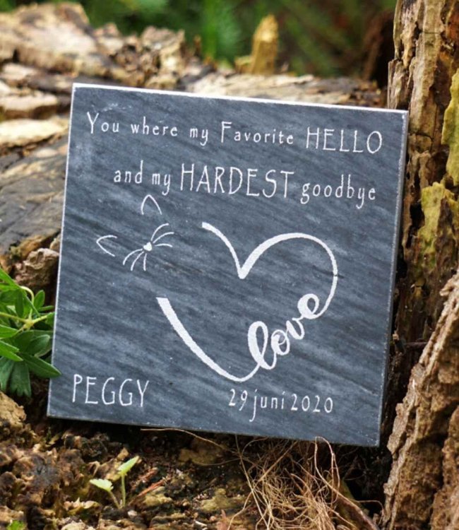 Marmeren gedenksteen met hart voor overleden kat