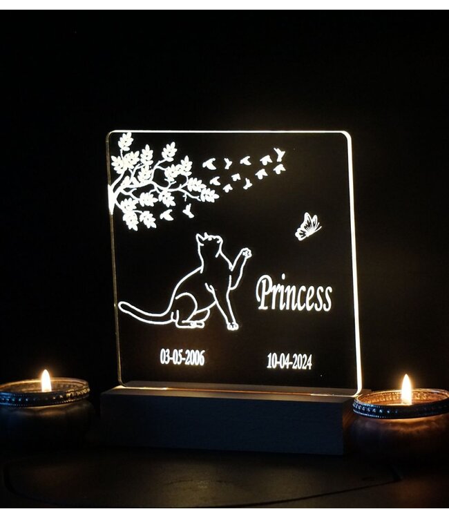 Gedenktafel für Katze | Acrylglas mit Halter und LED-Beleuchtung